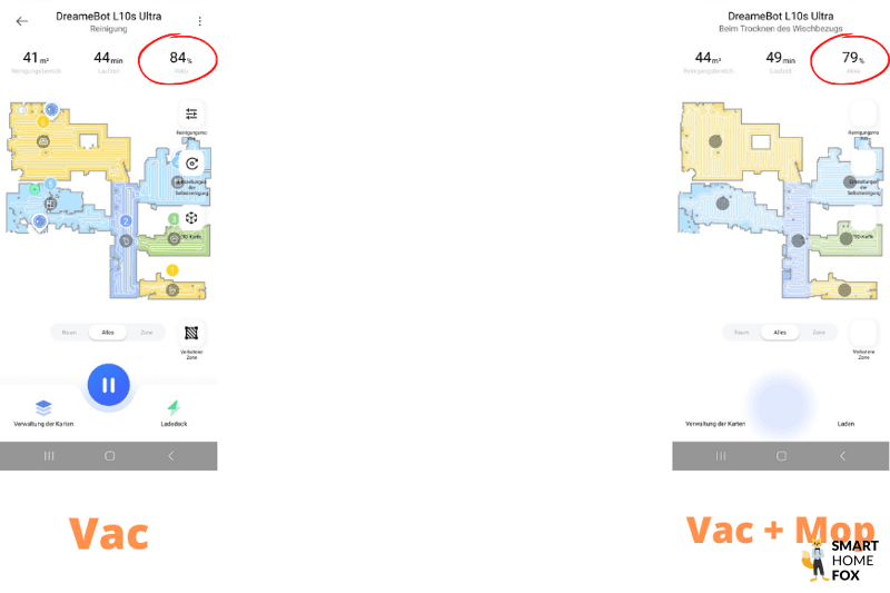 Оставшийся заряд аккумулятора Dreame L10s Ultra в приложении после уборки квартиры площадью 80 м².